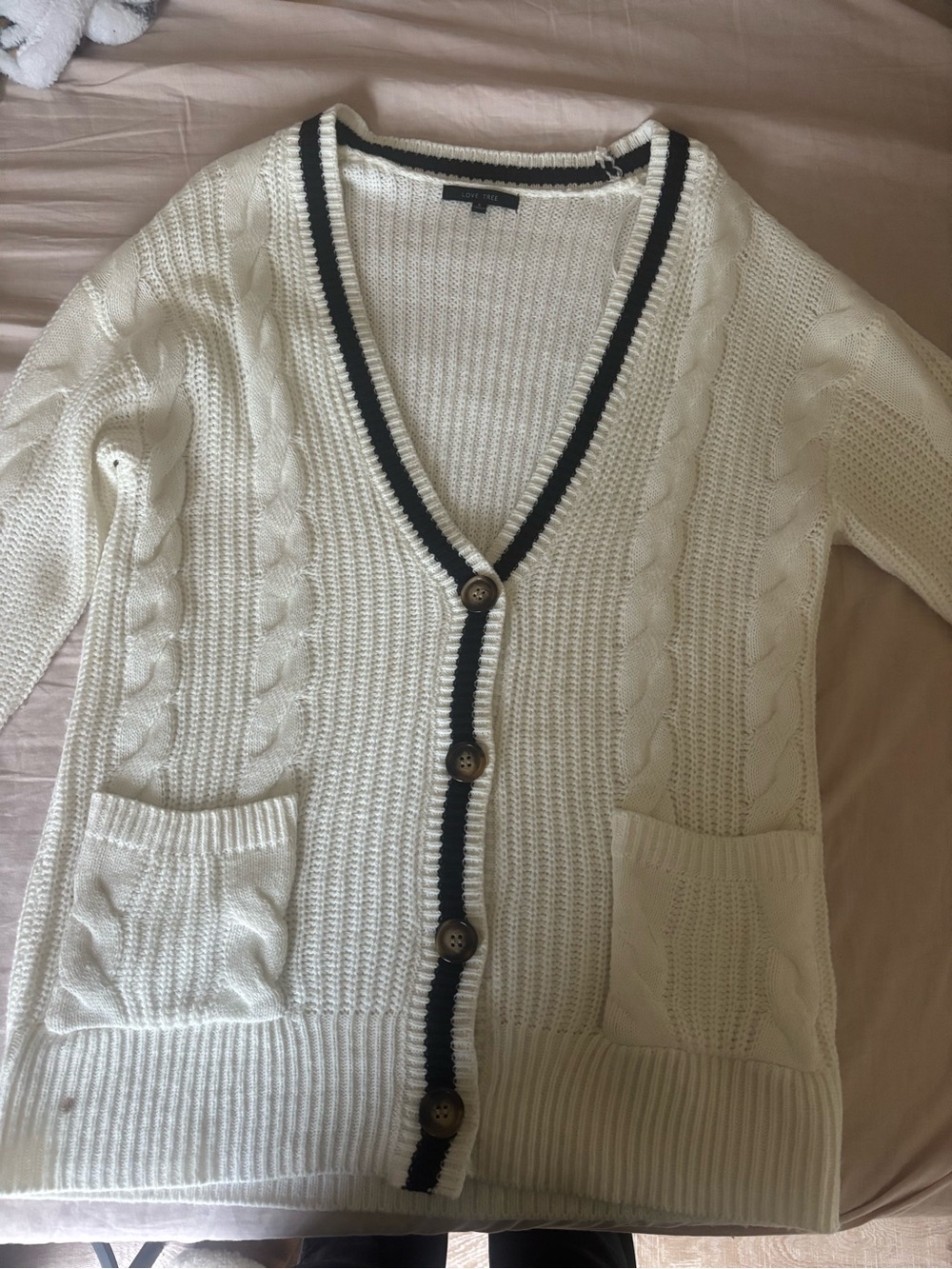 Love Tree Cream Cable-Knit Cardigan with Black Trim